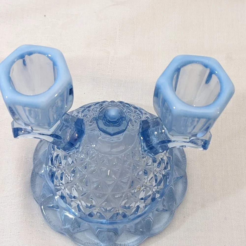 Pair of Vtg Depression Candle Holders Imperial Glass Katy Blu Lace Edge - Picture 4 of 9